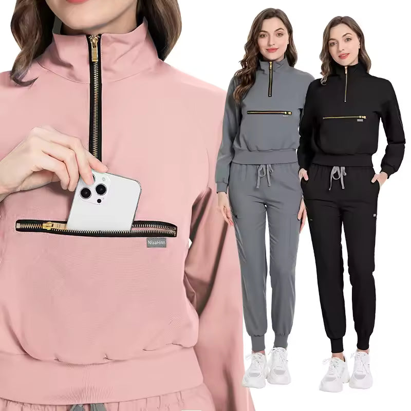 Women’s Long Sleeve Nursing Scrubs –  Jacket Pants Medical Nurse Uniforms Hospital Doctor Workwear