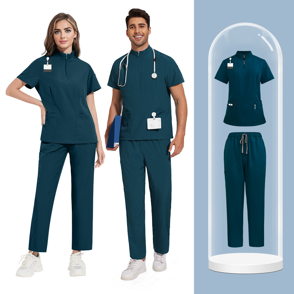 Unisex Zipper Medical Scrubs Set – Breathable, Short Sleeve