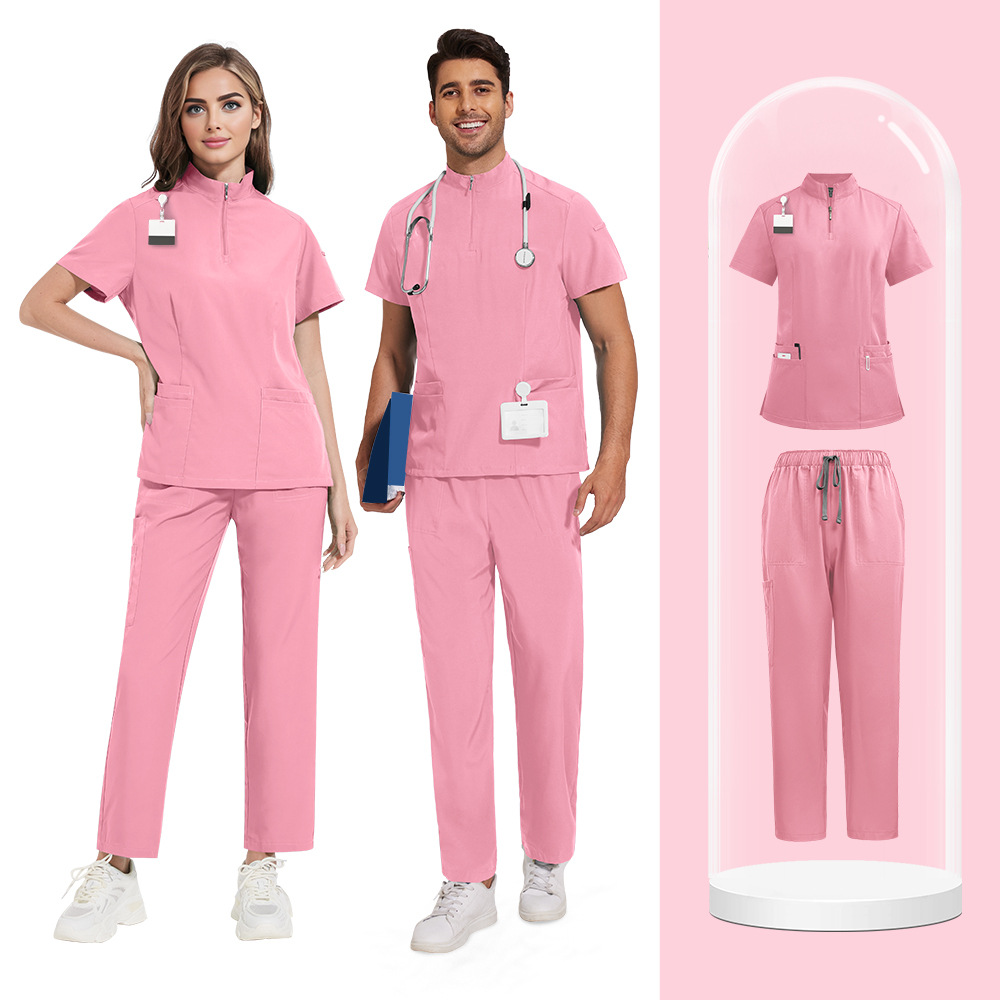 Unisex Zipper Medical Scrubs Set – Breathable, Short Sleeve