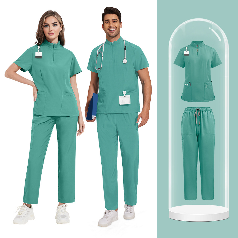 Unisex Zipper Medical Scrubs Set – Breathable, Short Sleeve