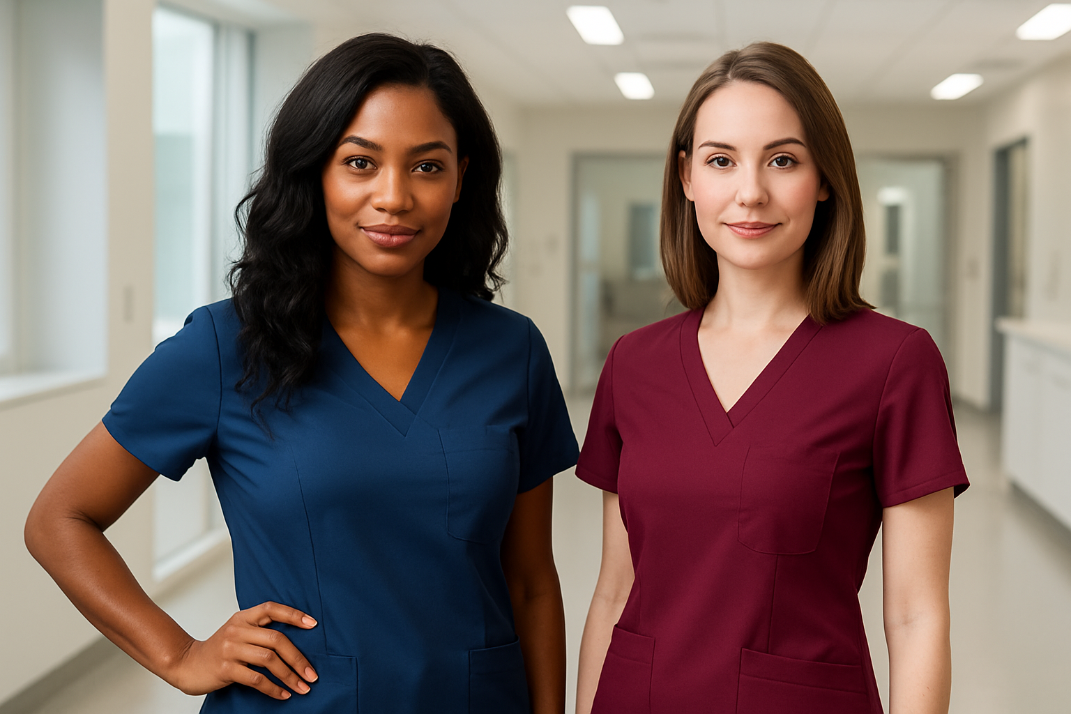 generate Health care workers in trendy scrub uniforms make the people very attractive women one black and one white give them a seductive vibe